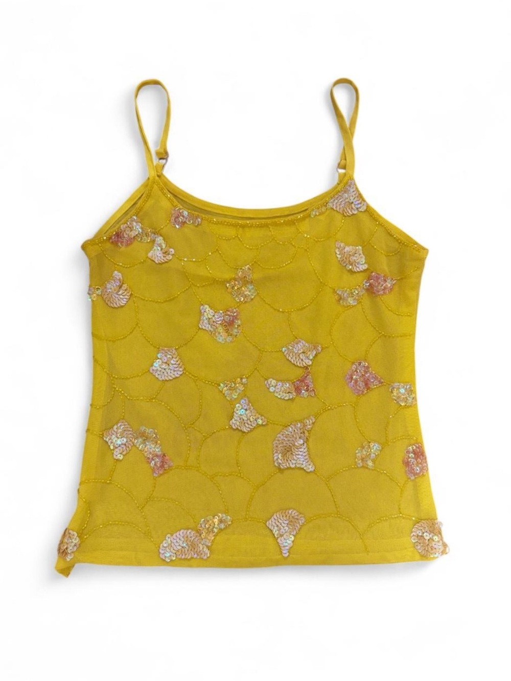 Yellow Sequin Shell-Embellished Spaghetti Strap Tank Top